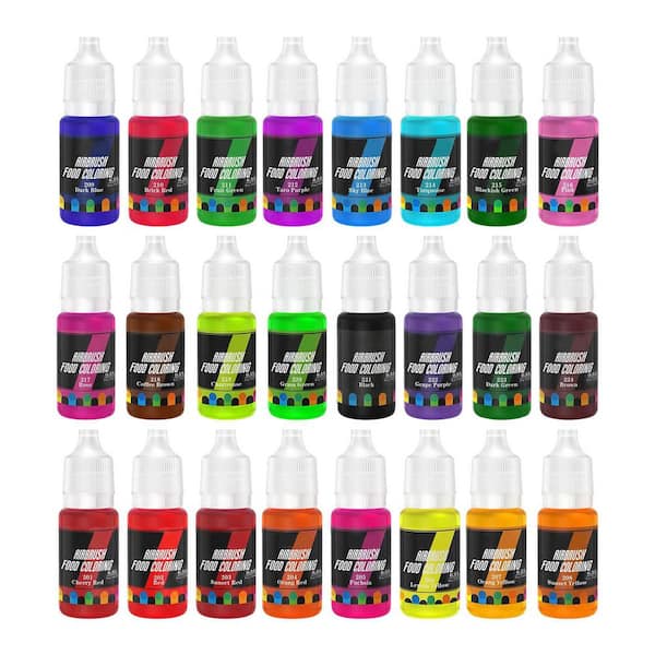 24-Color Airbrush Food Coloring Kit 0.35 Fl. Oz. Each Bottle Edible Tasteless Food Grade Cake Decorating Set