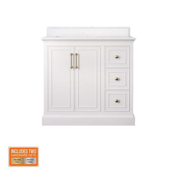 Ravenscroft 37 in. Single Sink White Swan Bath Vanity with Carrara White Engineered Stone Top (Assembled)