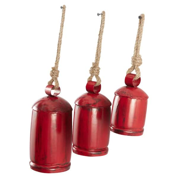 Litton Lane Gold Metal Tibetan Inspired Narrow Cone Decorative Cow Bell with Jute Hanging Rope (3- Pack)