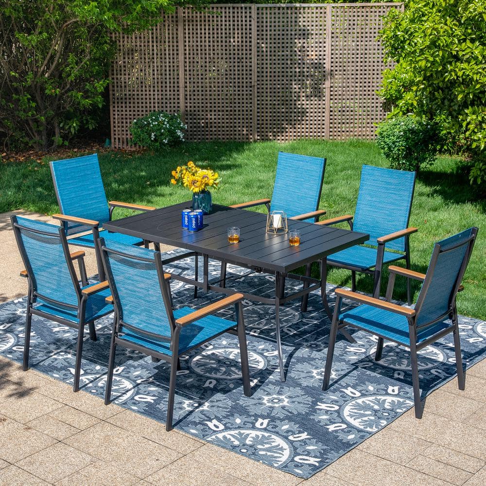 PHI VILLA Black 7-Piece Metal Outdoor Patio Dining Set with Rectangle ...