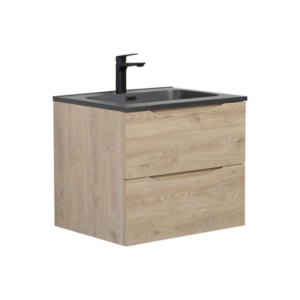 SD 23.6 in. W x 18.6 in. D Single Sink Floating Bath Vanity in Evita Oak Wood with Black Quartz Sand Composite Top