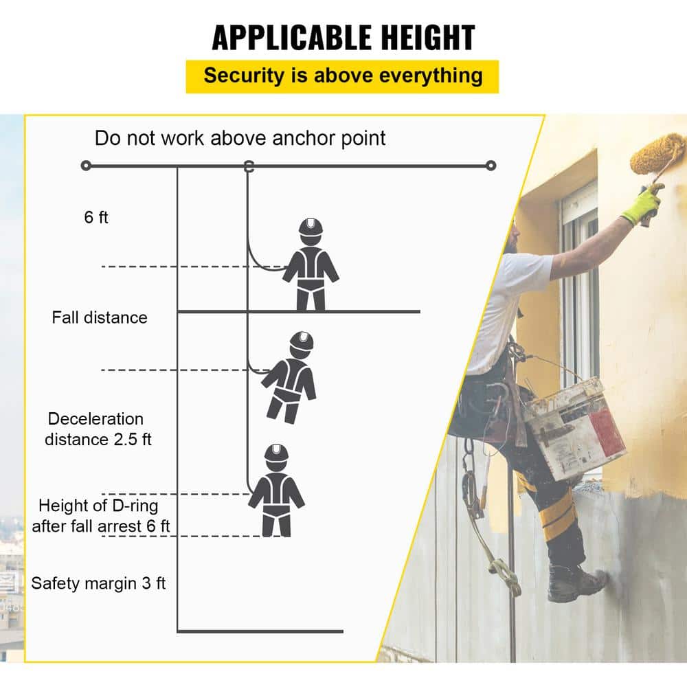 100 ft Black and Yellow Polyester Fall Protection Rope with Steel Snap Hooks