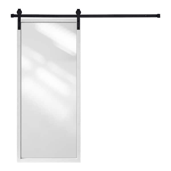 Shaker Style Mirror-Door 80 in. x 36 in. White Color Natural Pine Wood Finished Sliding Door with Hardware Kit