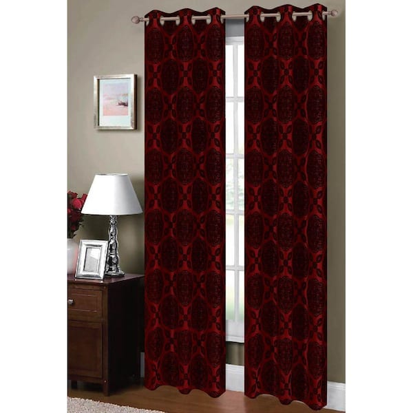 Window Elements Semi-Opaque Diamante Flocked Faux Silk 84 in. L Grommet Curtain Panel Pair, Burgundy/Black (Set of 2)