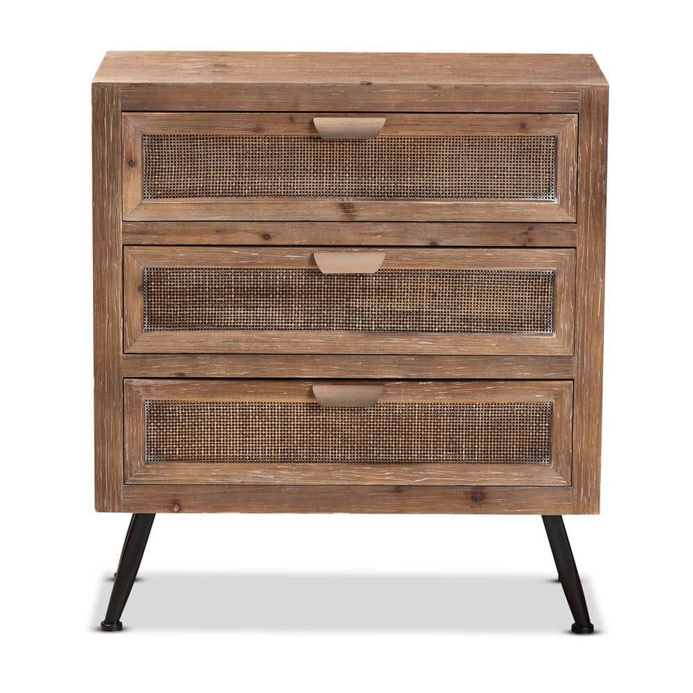 Mid-Century Natural Brown Wood and Rattan 3-Drawer Cabinet