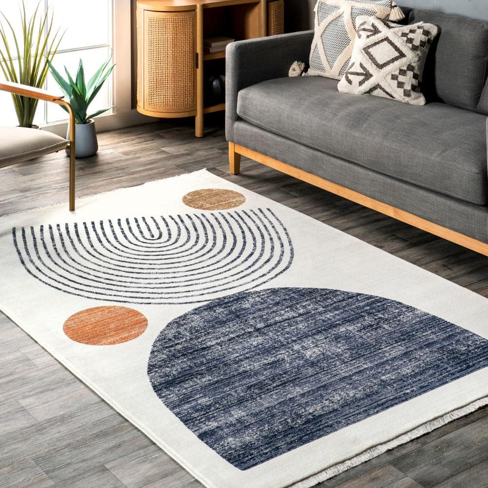 Beige Abstract Synthetic Washable Area Rug with Fringe