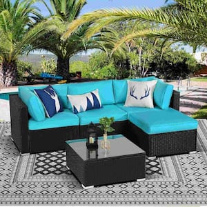 Black 5-Piece All Weather PE Wicker Outdoor Sectional Sofa Set Rattan Conversation Set & Glass Table w/Blue Cushions