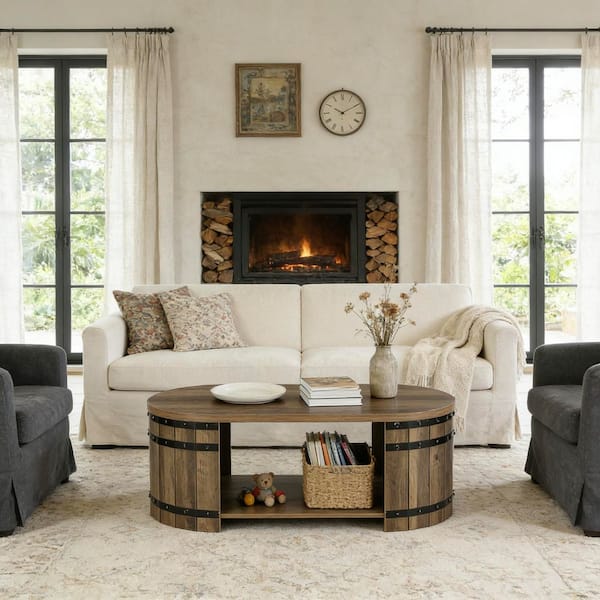 Allan Industrial 47.24 in. Dark Brown Oval Wood Coffee Table with Storage, 2-Tier Accent Center Table for Living Room