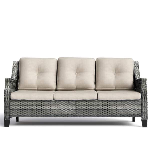 JOYSIDE 3-Seat Wicker Outdoor Patio Sofa Sectional Couch with Beige Cushions