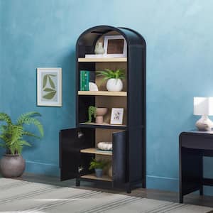 Arched 76 in. Tall Black Wood 4-Shelf Bookcase with Closed Storage and Statement Pulls