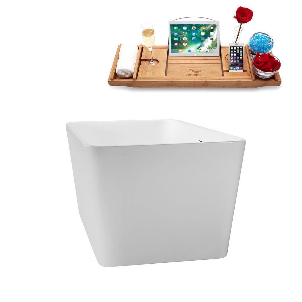 59" Glossy White Acrylic Freestanding Soaking Tub with Bamboo Tray
