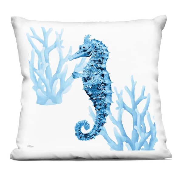 Blue Tone Seahorse & Coral Blue Abstract Polyester 18 in. X 18 in. Throw Pillow