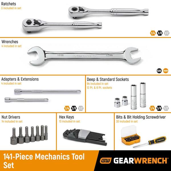 Gearwrench 1 4 In 3 8 In And 1 2 In Drive Standard And Deep Sae Metric Mechanics Tool Set 141 Piece