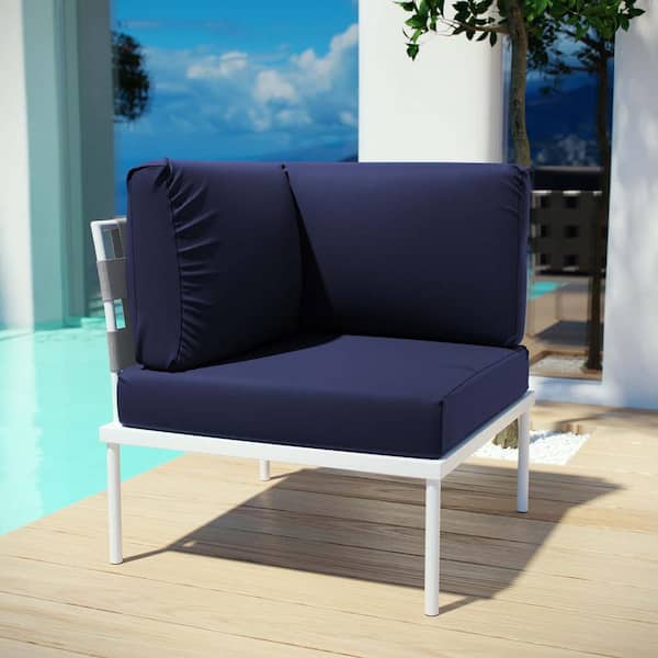 MODWAY Harmony Patio Aluminum Corner Outdoor Sectional Chair in White with Navy Cushions