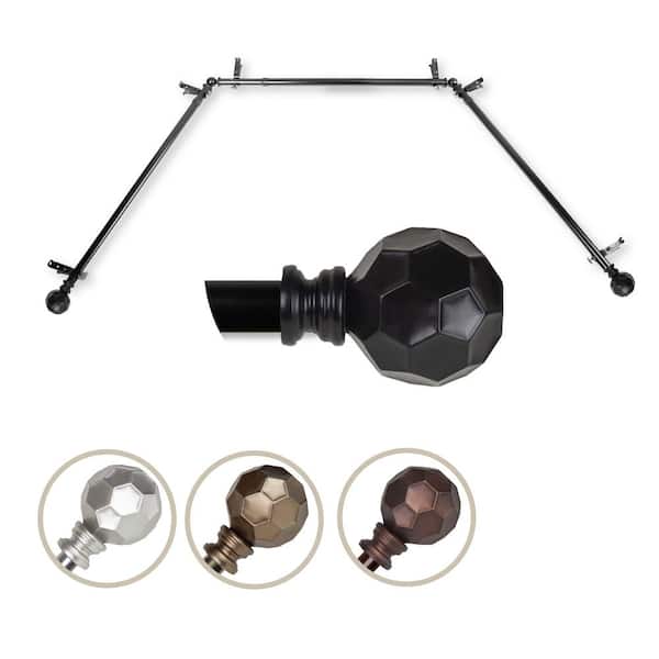EMOH 13/16" Dia Adjustable Bay Window Single Curtain Rod 20 to 36", 38 to 72" in Black with Elliana Finials