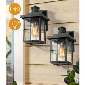 Modern Black Motion Sensing Outdoor Sconce with Seeded Glass Shade, Farmhouse 1-Light Front Door Wall Lantern (2-Pack)