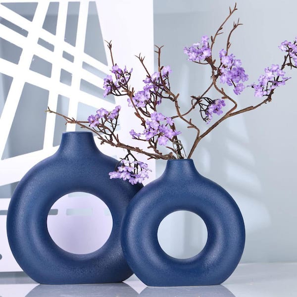 8.6 in Blue Ceramics Vase for Home Decor, Minimalist Nordic Hollow ...