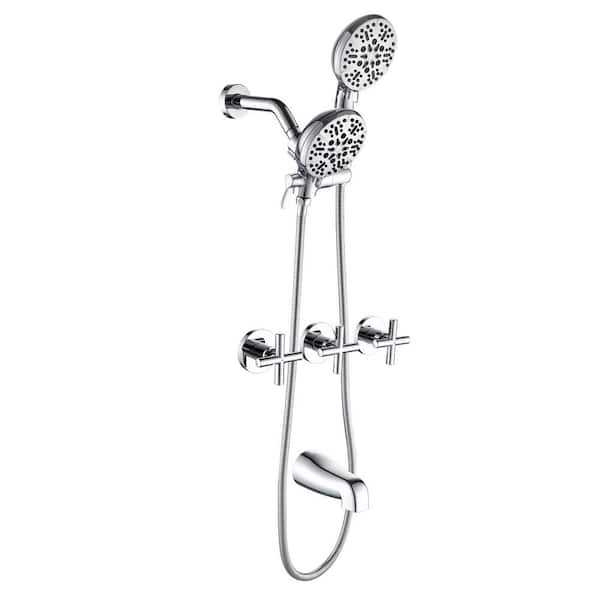 Triple Handle 7-Spray Wall Mounted Tub and Shower Faucet 1.8 GPM 2 in 1 Shower System in Polished Chrome Valve Included