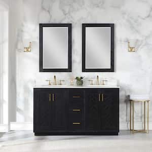 Gazsi 60 in. W x 22 in.D x 34 in. H Double Sink Bath Vanity in Black Oak with White Composite Stone Top and Mirror