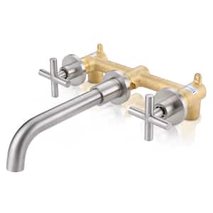 Brushed Nickel Double Handle Wall Mounted Bathroom Faucet Rough-in Valve Included