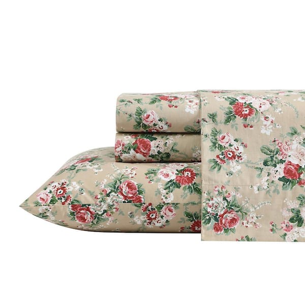 LAURA ASHLEY ベッドセット ダブル チューリップス/トープ Laura Ashley Ashfield 3-Piece Beige Cotton Twin Sheet Set