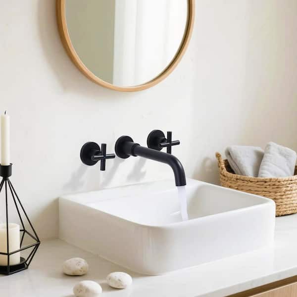 Double Handle Wall Mounted Bathroom Faucet with Brass Rough in Valve and Lever Handle in Matte Black