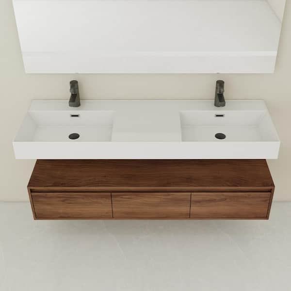 59 in. Wall Mounted Brown Bath Vanity with Double Sink White Resin Top and 3 Drawers Assembled