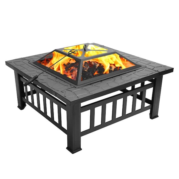 ToolCat 32 in. Square Metal Portable Wood Burning Fire Pits for Camping, Outdoor Heating, Bonfire and Picnic in Black