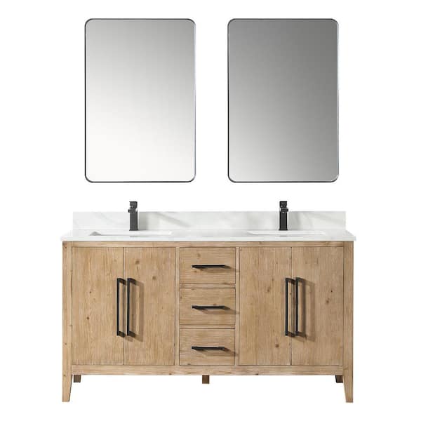 Altair Laurel 60 in. W x 22 in. D x 34 in. H Double Sink Bath Vanity in Weathered Fir with White Quartz Top and Mirror