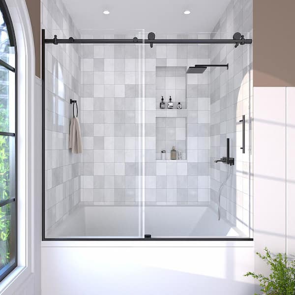 Vetra 60 in. W x 60 in. H Sliding Framed Tub Door in Matte Black Finish with Clear Glass