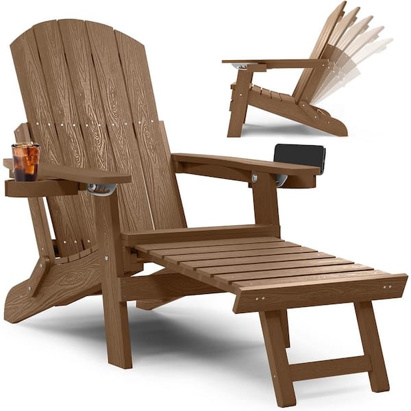 Mximu Teak Outdoor Weather Resistant Folding Adirondack Chair with Integrated Pullout Ottoman and Cup Holder