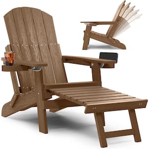 Teak Outdoor Weather Resistant Folding Adirondack Chair with Integrated Pullout Ottoman and Cup Holder