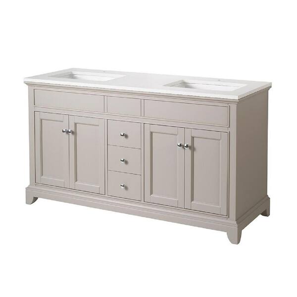 stufurhome Arianny 59 in. W x 22 in. D x 33.5 in. H Vanity in Taupe with Quartz Vanity Top in White and Basins
