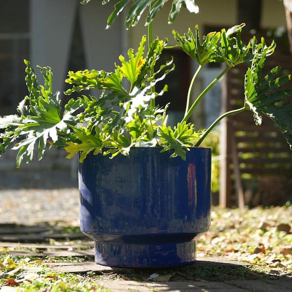 Blue Glazed Ceramic Handcrafted Round Planter Set Indoor/Outdoor