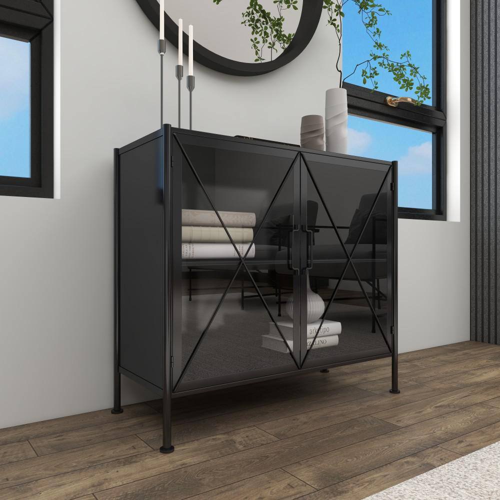 Black Metal Geometric Cabinet with Glass Panels