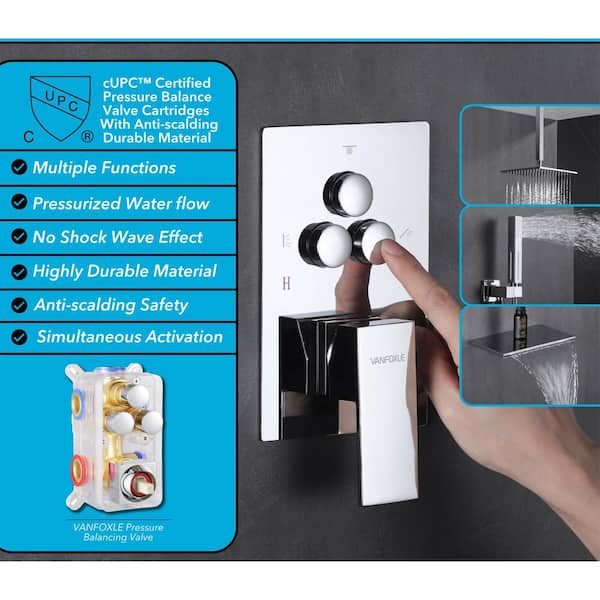 Single Handle 3-Spray Patterns Shower 10 in. Square Ceiling Mounted Shower 1.8 GPM with Pressure Balance in Chrome