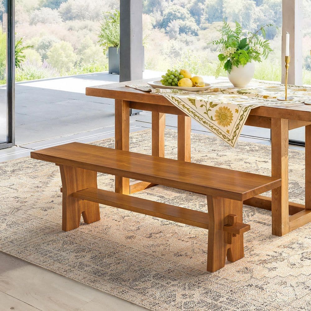 Dorian 59 in. W Dark Wood Solid Elm Wood Dining Bench with Storage Shelf for Entryway Set of 2