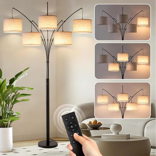 80" Arc Black Modern 5-Light Tall Standing Tree-Style Floor Lamp with Remote, Adjustable Arched Arm, 3-Color Temperature