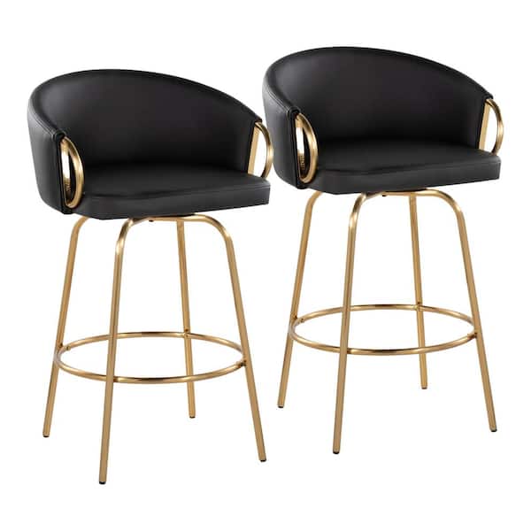 LumiSource Claire 25.75 in. Black Faux Leather and Gold Metal Fixed-Height Counter Stool (Set of 2)
