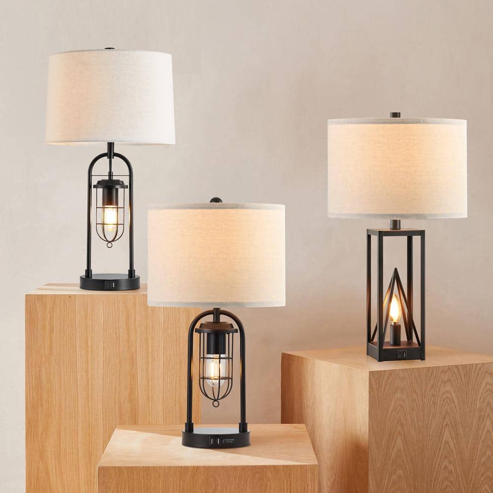 Black Metal 23.5'' Table Lamp Set with USB Ports and Night Light