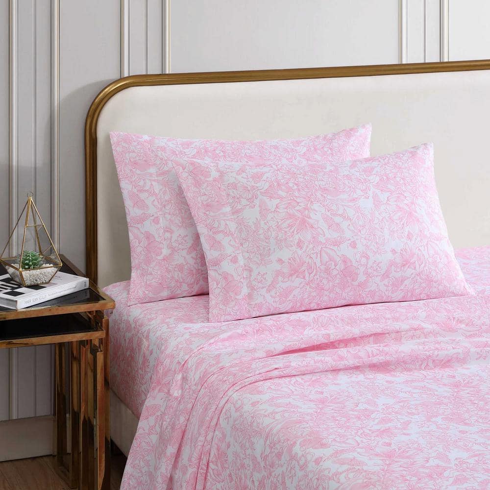 Full Pink and White Floral Satin Microfiber Sheet Set