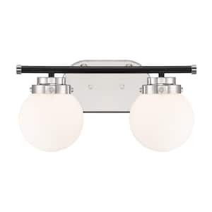 Elle 15 in. 2-Light Polished Nickel Retro Modern Vanity with Opal Glass Shades and Black Accent