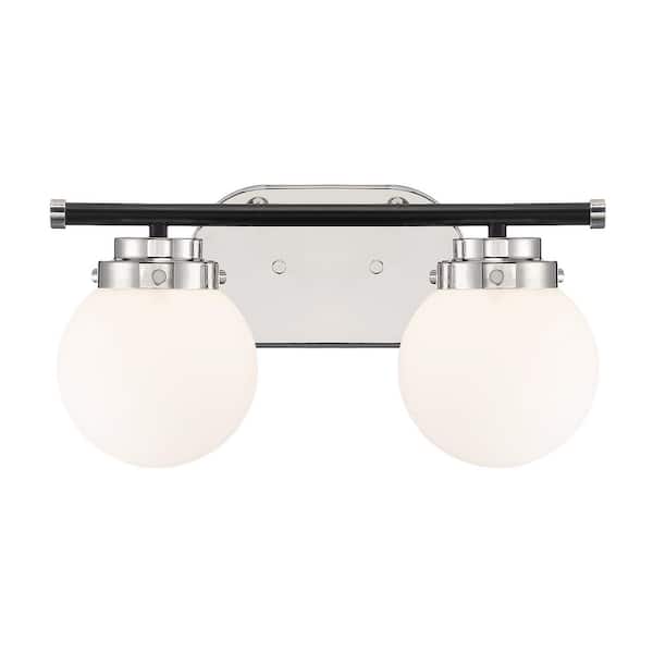 Designers Fountain Elle 15 in. 2-Light Polished Nickel Retro Modern Vanity with Opal Glass Shades and Black Accent