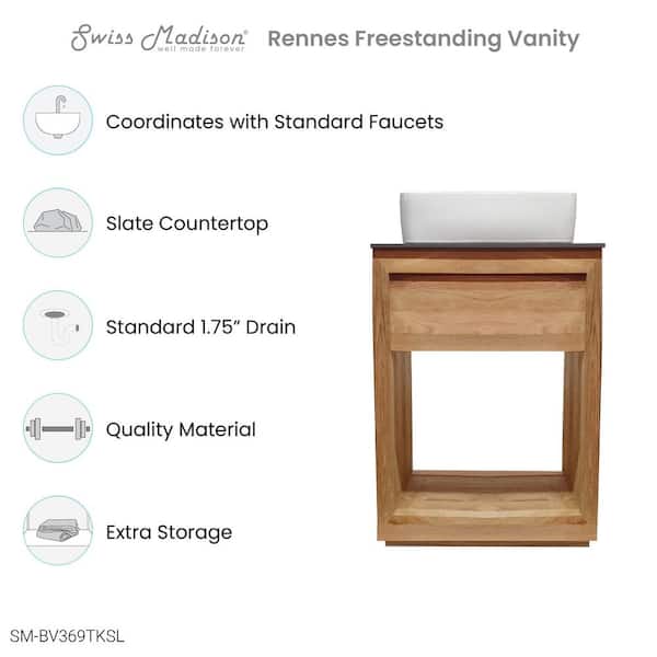 Rennes 24 in. Reclaimed Wood Vanity in Natural Teak with Slate Countertop and Ceramic White Single Hole Vessel Sink Top