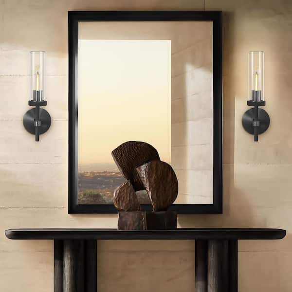 14.37 in. 1-Light Dimmable LED Black Wall Sconce, Glass Tube Wall Light for Bathroom Vanity, Mirror, Bedroom (2 Pieces)