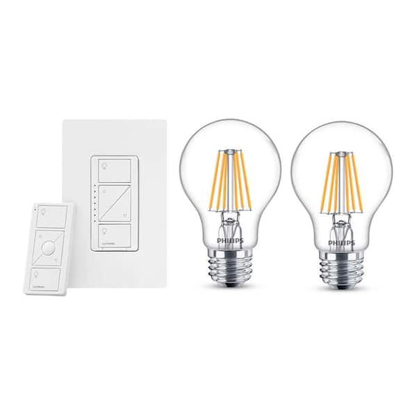 Lutron Caseta Smart Dimmer Switch + Remote Kit and 2 Philips A19 LED Light Bulbs with Warm Glow Effect (P-PKG1W-2LED) P-PKG1W-2LED - The Home Depot