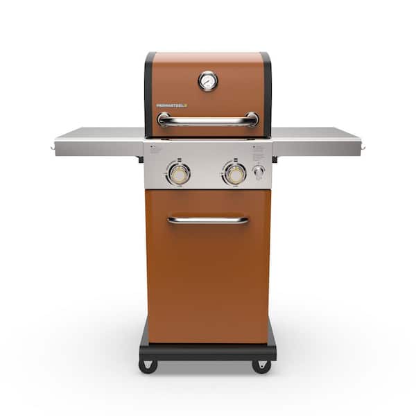 2-Burner Pedestal Propane Gas Grill in Copper With Folding Side Shelves