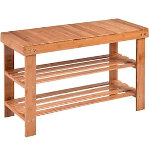 18 in. H x 28 in. W 8-Pair Natural Bamboo Shoe Storage Bench Rack Organizer