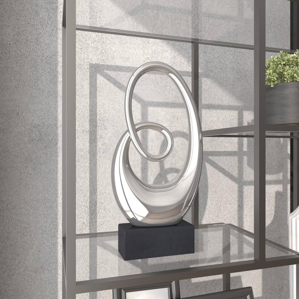 21" Silver Ceramic Swirl Abstract Sculpture with Black Base