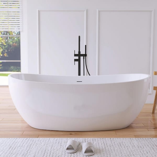 65 in. x 32 in. Acrylic Flatbottom Freestanding Soaking Bathtub in White